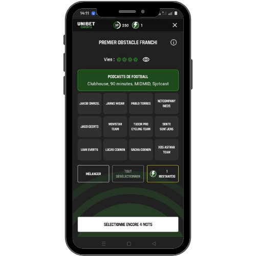 Match It in the Unibet Experts app: a grid of names to sort into groups, with lives remaining and a first group already solved.