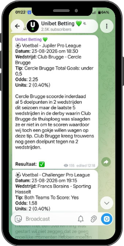 The Unibet Betting Telegram channel on a phone, showing daily betting tips with the match, the pick, the odds, the stake and the reasoning behind it.