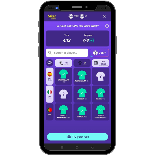 Link IX in the Wildz Expertz app: a grid of football shirts to match to the right countries against a running clock, showing progress and hints left.