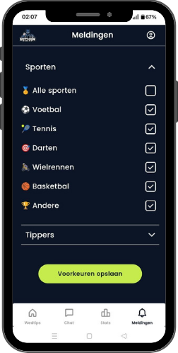 Betmanbegins notification settings with checkboxes per sport and a section for following individual tipsters.