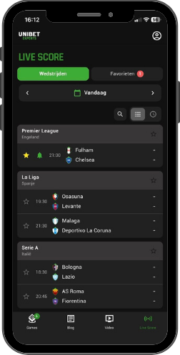 Unibet Experts live score screen listing the day's Premier League, La Liga and Serie A fixtures with kick-off times.